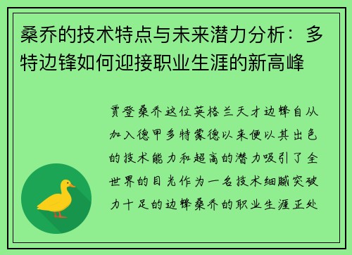 桑乔的技术特点与未来潜力分析：多特边锋如何迎接职业生涯的新高峰
