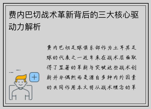 费内巴切战术革新背后的三大核心驱动力解析